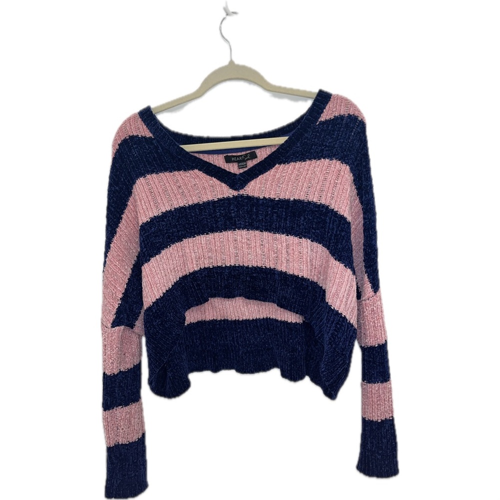 Heart Soul Pink & Navy Striped V-Neck Sweater Cropped